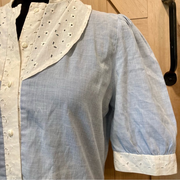 Vintage Blouse Light Blue with White Eyelet Trim and Puffy Shoulders - Picture 3 of 14